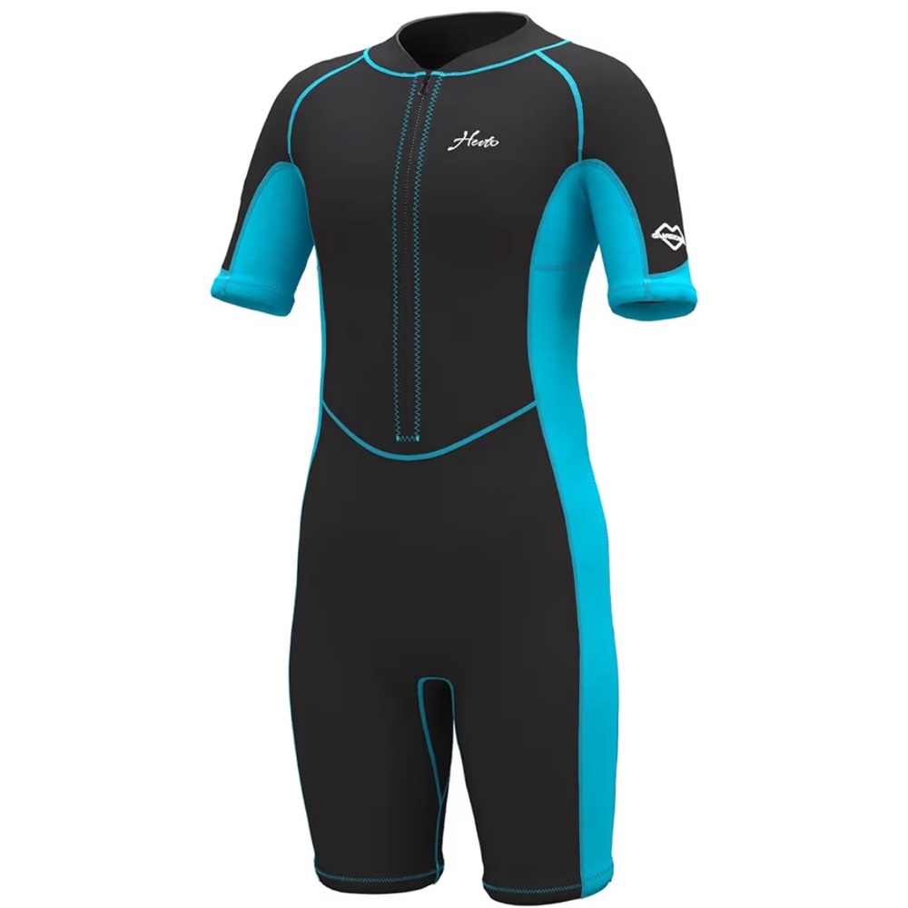 Kids Short Sleeve Rashguard Wetsuit - Black & Teal - Front Zip